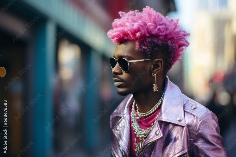 Modern urban street fashion, trendy young black man wearing a stylish pink outfit in a big city