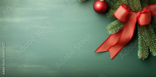 The décor is designed against a minimal Christmas backdrop with a gold ball with pine branches and a red bow with a green copy area.