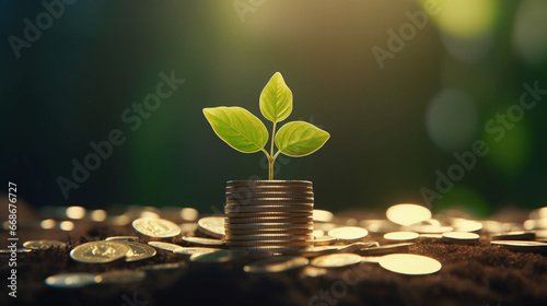 green plant growing from a stack of coins on a business table, representing the concept of sustainable financial growth, positive outcomes and good financial decisions  photo