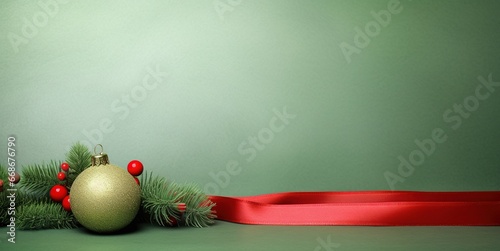The décor is designed against a minimal Christmas backdrop with a gold ball with pine branches and a red bow with a green copy area.