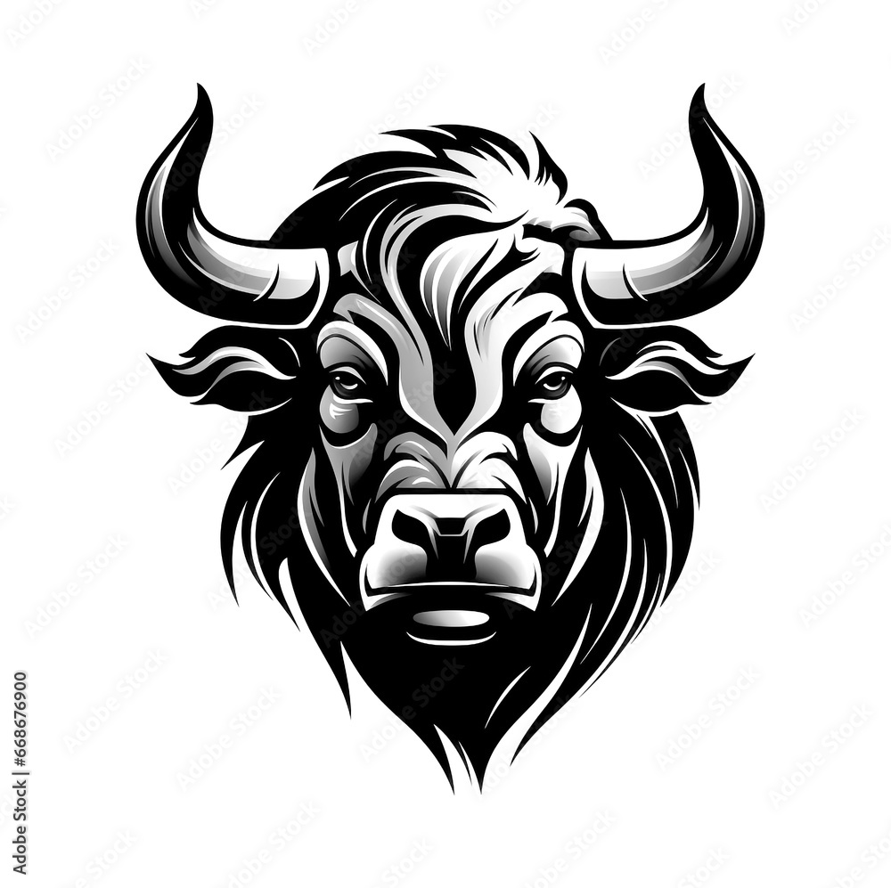 Logo image of a bull, cow, black and white, for design, on a white background.