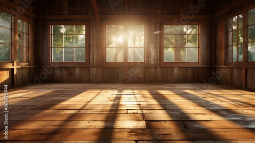 Wooden empty room of house or ranch with sun. Generative AI.