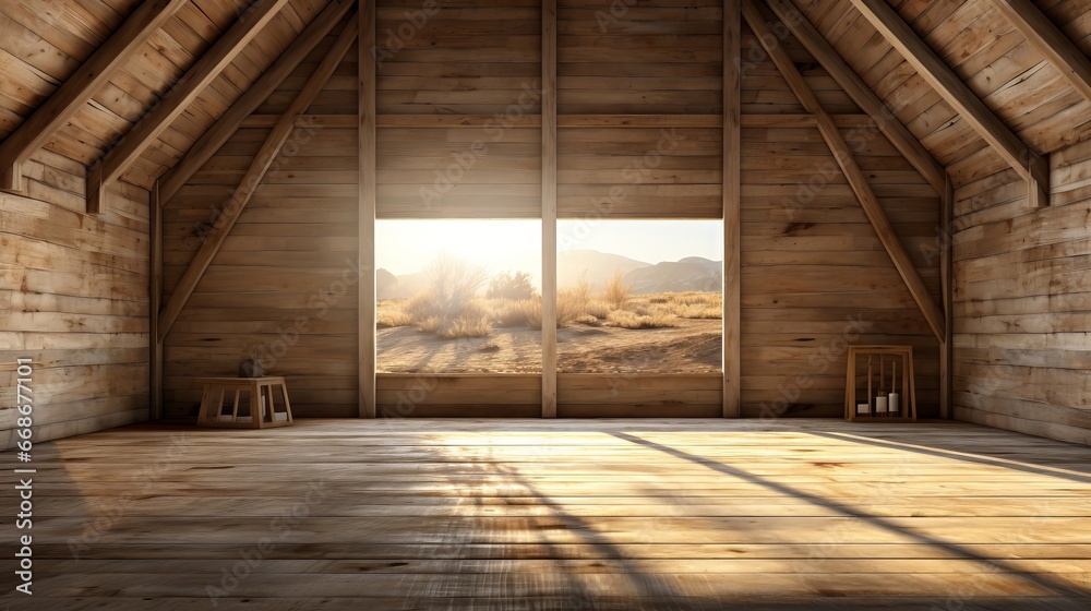 Wooden empty room of house or ranch with sun. Generative AI.