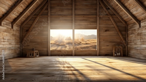 Wooden empty room of house or ranch with sun. Generative AI.