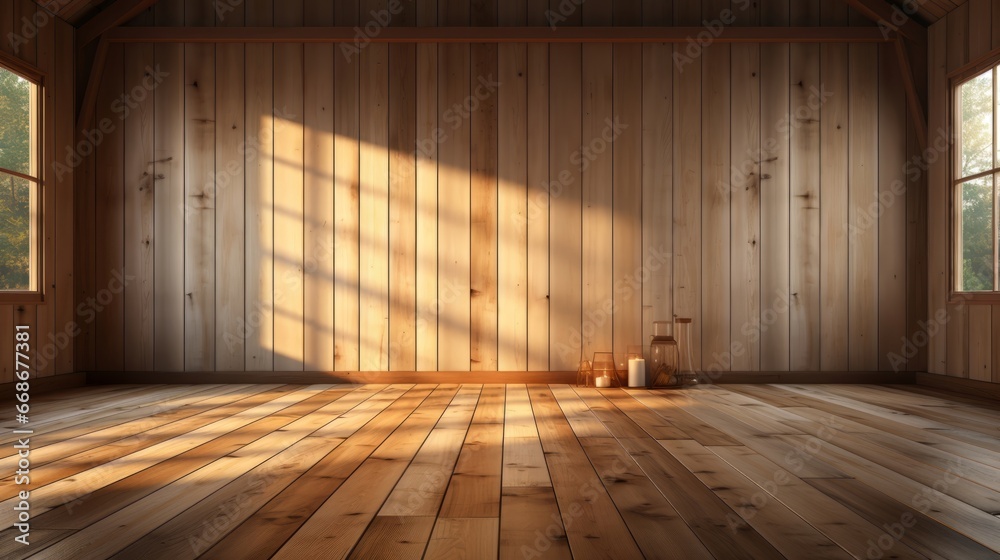 Wooden empty room of house or ranch with sun. Generative AI.