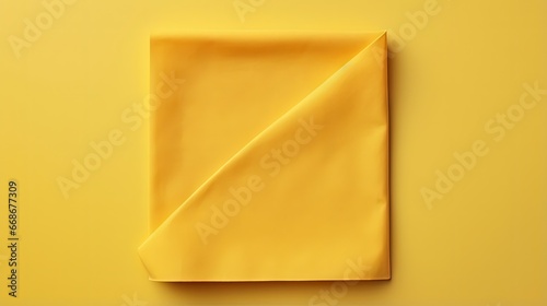 top view with yellow empty kitchen napkin isolated on table background. Folded cloth for mockup with copy space, Flat lay. Minimal style.