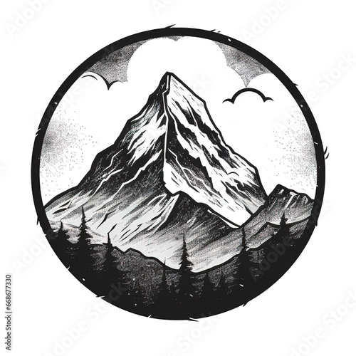 Mountain, stylised artistic drawing isolated on white background, tattoo, logo or sticker style