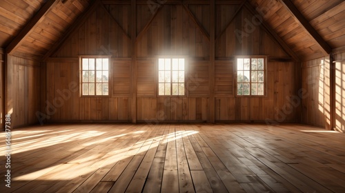 Wooden empty room of house or ranch with sun. Generative AI.