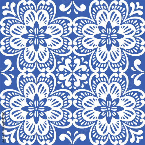 Pattern blue and white. Winter decor  snowflakes christmas decor. Seamless pattern tile with Victorian motives.Ceramic tile in talavera style. Ornamental blue and white patterns for any decor.