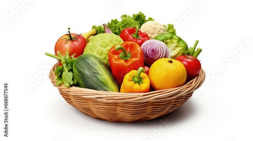 Healthy food in basket. Studio photography of different fruits and vegetables isolated on white backdrop  top view. High resolution product.