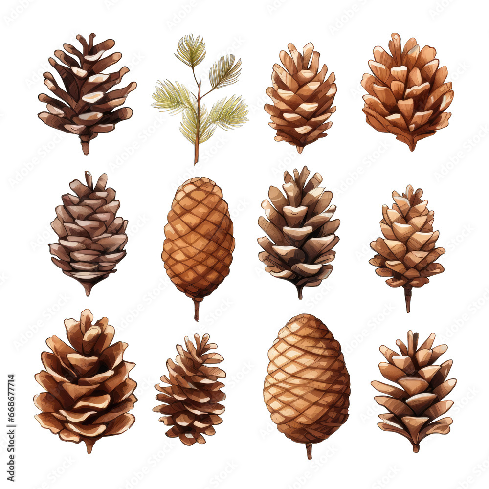 Watercolor set of pine cones isolated on transparent background Watercolor set of pine cones isolated on transparent background