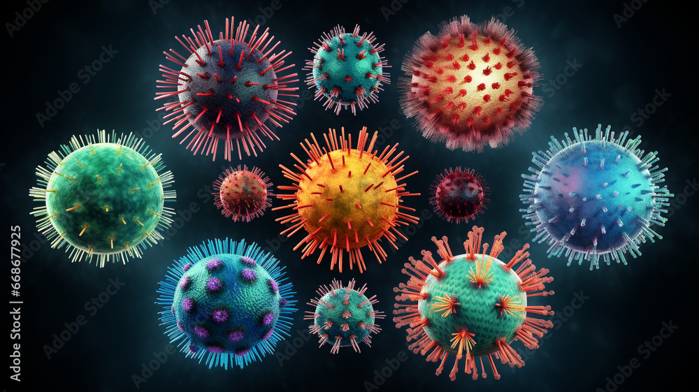 A collection of diverse virus strains, each representing a distinct type, presents a varied array of microscopic entities. A collection of diverse virus strains, each representing a distinct type, presents a varied array of microscopic entities.