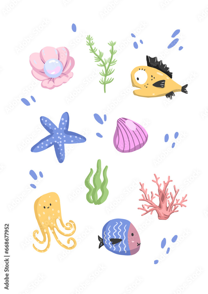 set of colorful sea animals under water and plant vector transparent background
