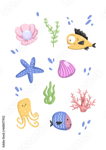set of colorful sea animals under water and plant vector transparent background © rey