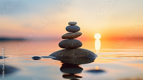 Balanced pebble pyramid silhouette on the beach on sunset. Selective focus Abstract bokeh with Sea on the background. Zen stones on the sea beach  meditation  spa  harmony  calmness  balance concept.