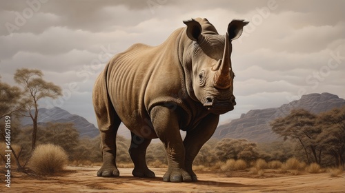 portrait of a large african rhino standing in front of a brown b © HN Works