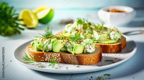 Tuna Avocado Toasts, Healthy Snack or Breakfast on Bright Concrete Background