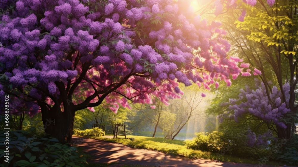beautiful landscape with old lilac tree blossoming in the garden. Lilac trees under bright sun rays