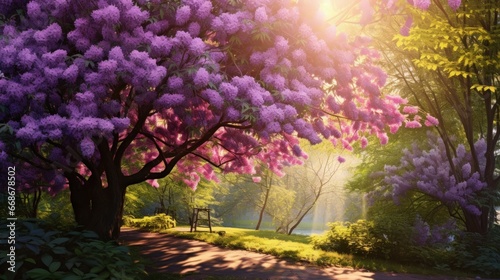 beautiful landscape with old lilac tree blossoming in the garden. Lilac trees under bright sun rays