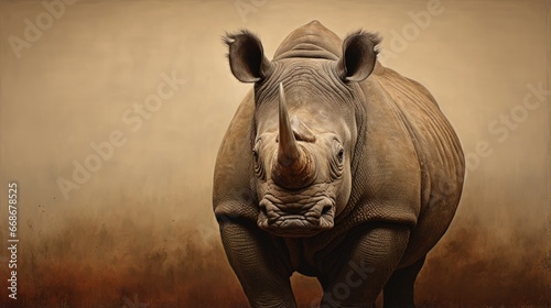 portrait of a large african rhino standing in front of a brown b