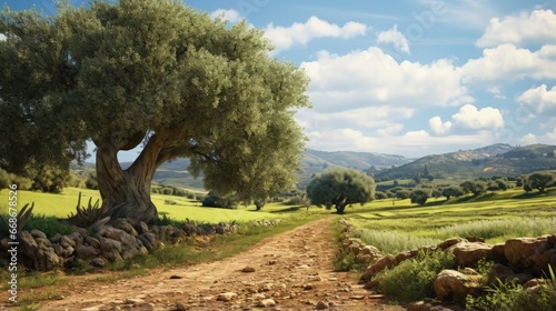 Fotografiet Green olive trees farmland, agricultural landscape with olives plant among hills