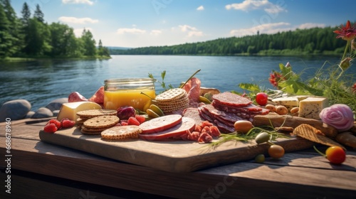 Summer charcuterie board by the lake.