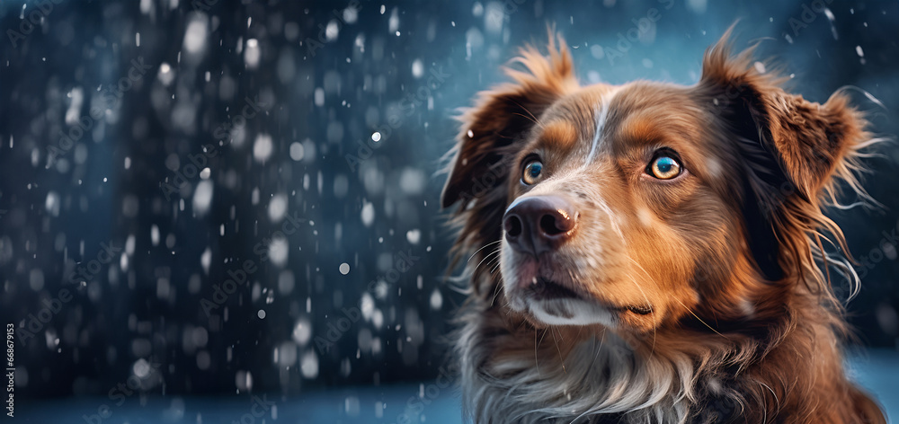 Generative AI. Dog watches snowflakes fall outside. Banner