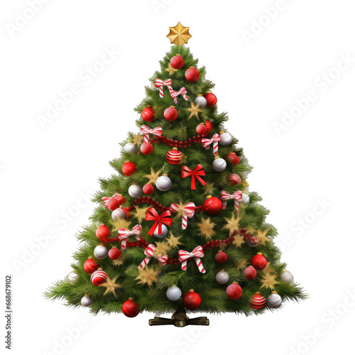 Isolated Christmas tree decorated with balls, stars, and bows on a cutout PNG transparent background
