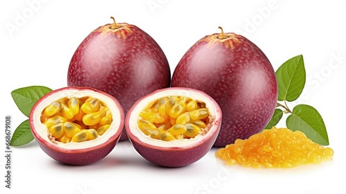 Passion fruits with half and mongo isolated on white background.