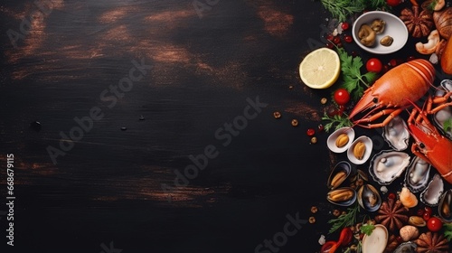 seafood salad frozen food mussels, rapan, octopus, scallop, squid healthy meal food snack on the table copy space food background rustic top view