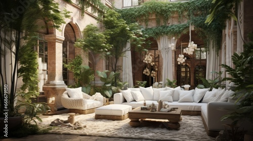 Amazing courtyard design with wicker sofas and lots of greenery