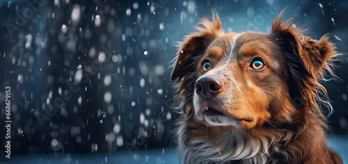 Generative AI. Dog watches snowflakes fall outside. Banner © eleonora_os