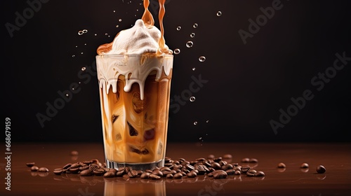 Ice coffee latte with cream being poured into it showing the texture and refreshing look of the drink, with a clean background.