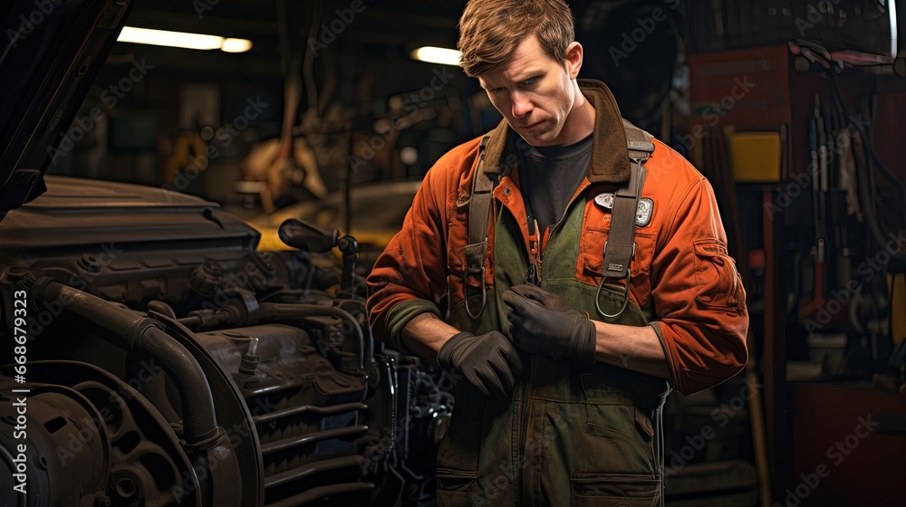 Mechanic with wrenches in pocket at the repair garage Mechanic with wrenches in pocket at the repair garage