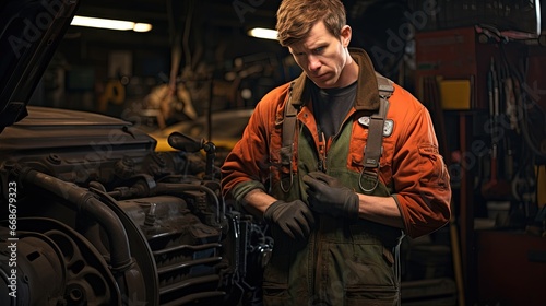 Mechanic with wrenches in pocket at the repair garage © HN Works