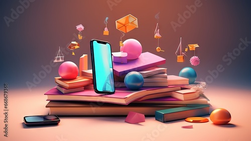 E-learning or online education concept. online course on smartphone. 3d render illustrationn