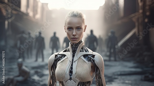 3D Illustration of a female android with a human face and robotic body, looking in to the camera.