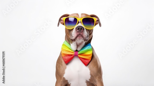 crazy funny gay pitbull dog proud of human rights ,sitting and waiting, with rainbow flag tie and sunglasses , isolated on white background © HN Works