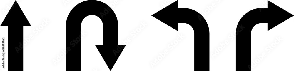 Go Straight This Way One Way Only U Turn Left and Right Black Arrow Sign Direction Icon Set. Vector Image. Go Straight This Way One Way Only U Turn Left and Right Black Arrow Sign Direction Icon Set. Vector Image.