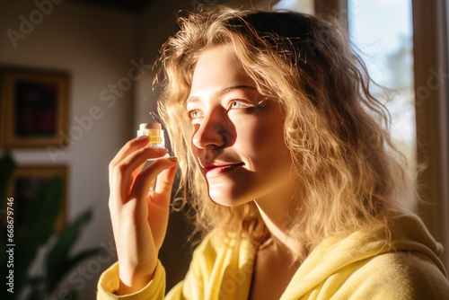 Woman applies eye lubricant to treat dry eyes or allergies