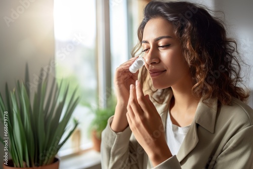 Woman applies eye lubricant to treat dry eyes or allergies
