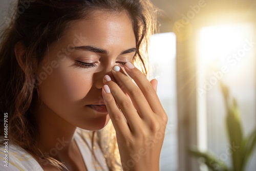 Woman applies eye lubricant to treat dry eyes or allergies photo