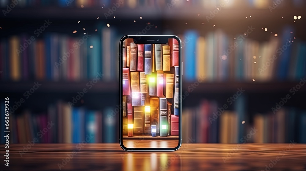 Media book library concept in smartphone. E-book, reading an ebook to study on e-library at school. E-learning online, archive of books. E-Learning Concept. 3d rendering. - obrazy, fototapety, plakaty 
