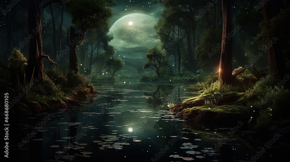 Dark magic forest with a lake