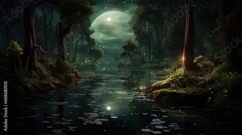 Dark magic forest with a lake