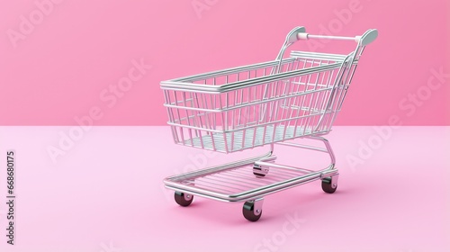 Pattern of supermarket shopping cart on pastel pink background. Creative design for packaging. Online shopping. Black friday sale concept. Break the pattern. Sustainable, minimalist lifestyle.