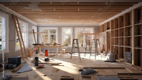 3D rendering of a house interior under renovation works