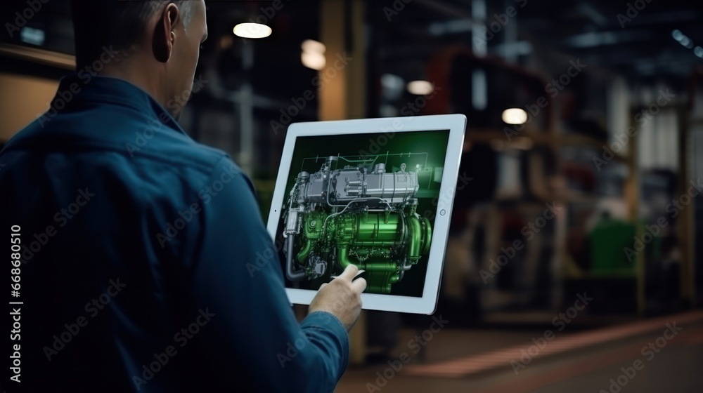 Male engineer holding a computer tablet engine design Hologram car model in HUD UI, GUI, hardware diagnostics, engine condition Male engineer holding a computer tablet engine design Hologram car model in HUD UI, GUI, hardware diagnostics, engine condition