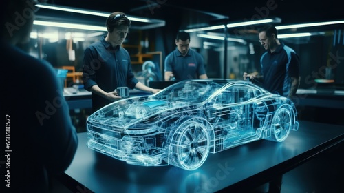 Two professional automotive engineers choose the shape of an electric car using a futuristic augmented reality hologram. 3D computer graphics of high-tech automotive development, animation, VFX. photo