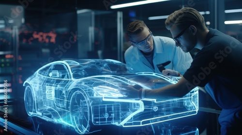Two professional automotive engineers choose the shape of an electric car using a futuristic augmented reality hologram. 3D computer graphics of high-tech automotive development, animation, VFX.